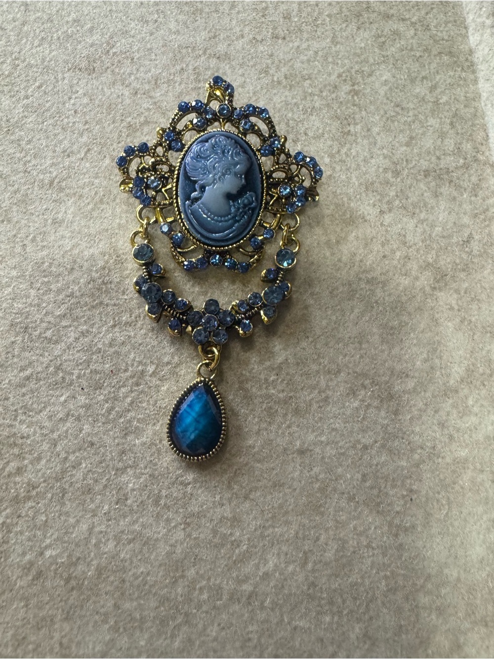 Gold-Tone Blue Cameo Drop Brooch with Teardrop Pendant